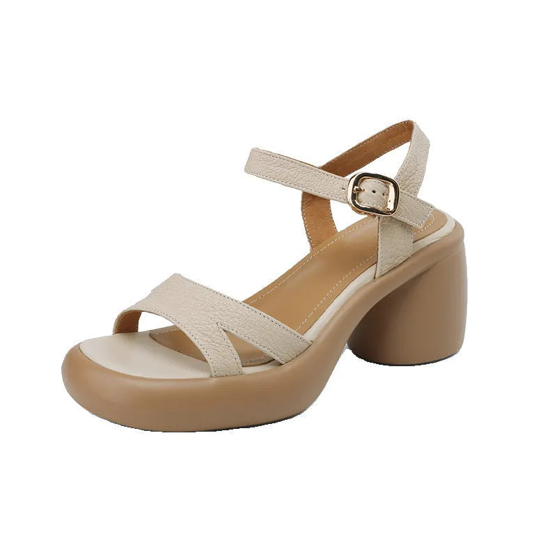 Women's open toe platform sandals in apricot colour with microfiber upper and rubber sole.