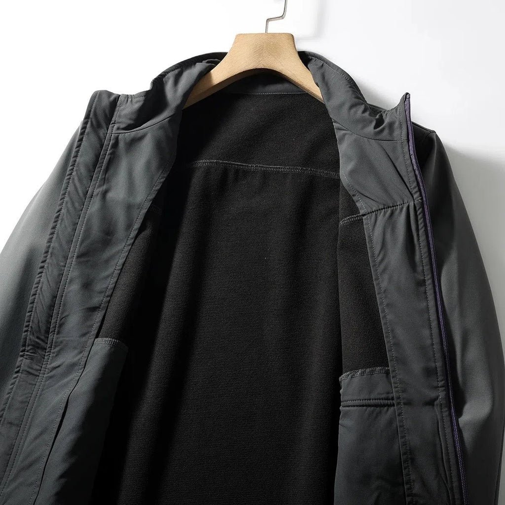 Men's retro stand-up collar coat with contrast colour patchwork, zipper pockets, in Misty White, Olive Yellow, and Rock Gray