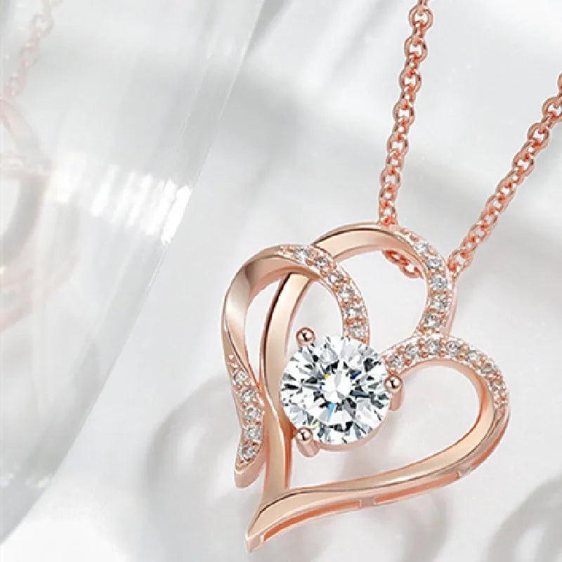 Women's 925 silver heart shape necklace with diamond treatment in rose gold finish