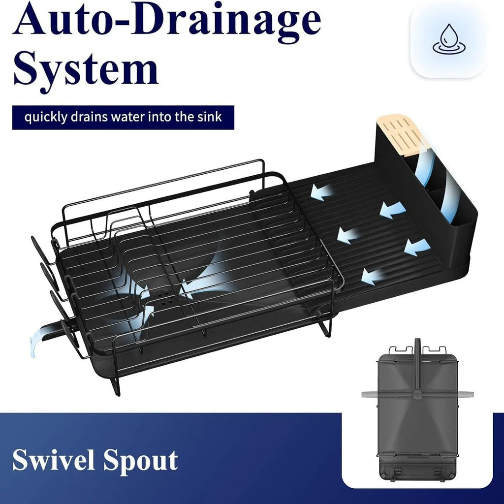 Retractable kitchen drain rack for cutlery and cups made from carbon steel.