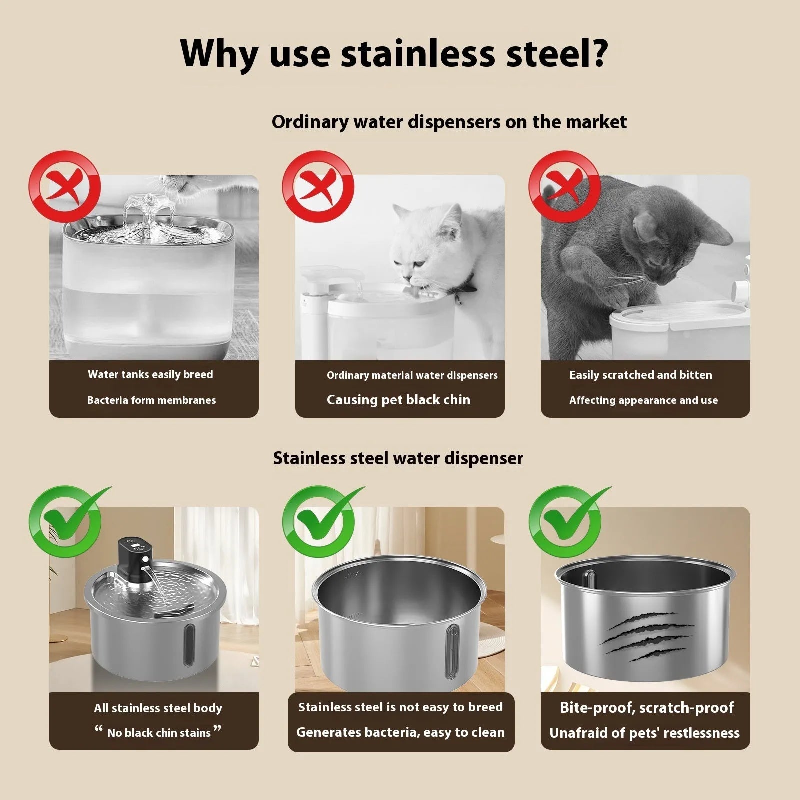 Stainless steel cat water fountain with constant temperature heating base in black and white options
