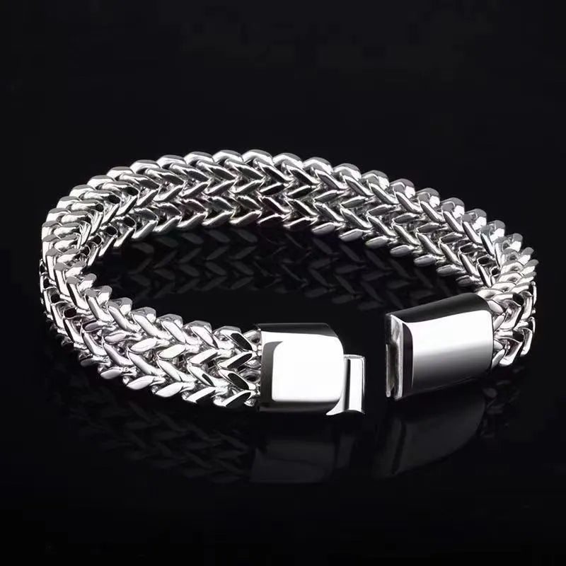 Silver geometric stainless steel hip hop bracelet showing front and back design details