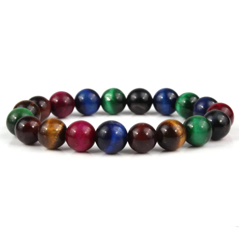 Unisex tigereye crystal bead bracelet with round geometric beads, shown in a dark blue variant.