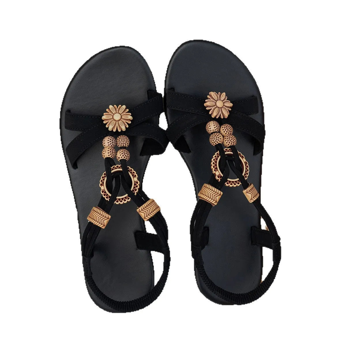 Black ethnic style women's flat beach sandals with beaded weave decoration and elastic band closure