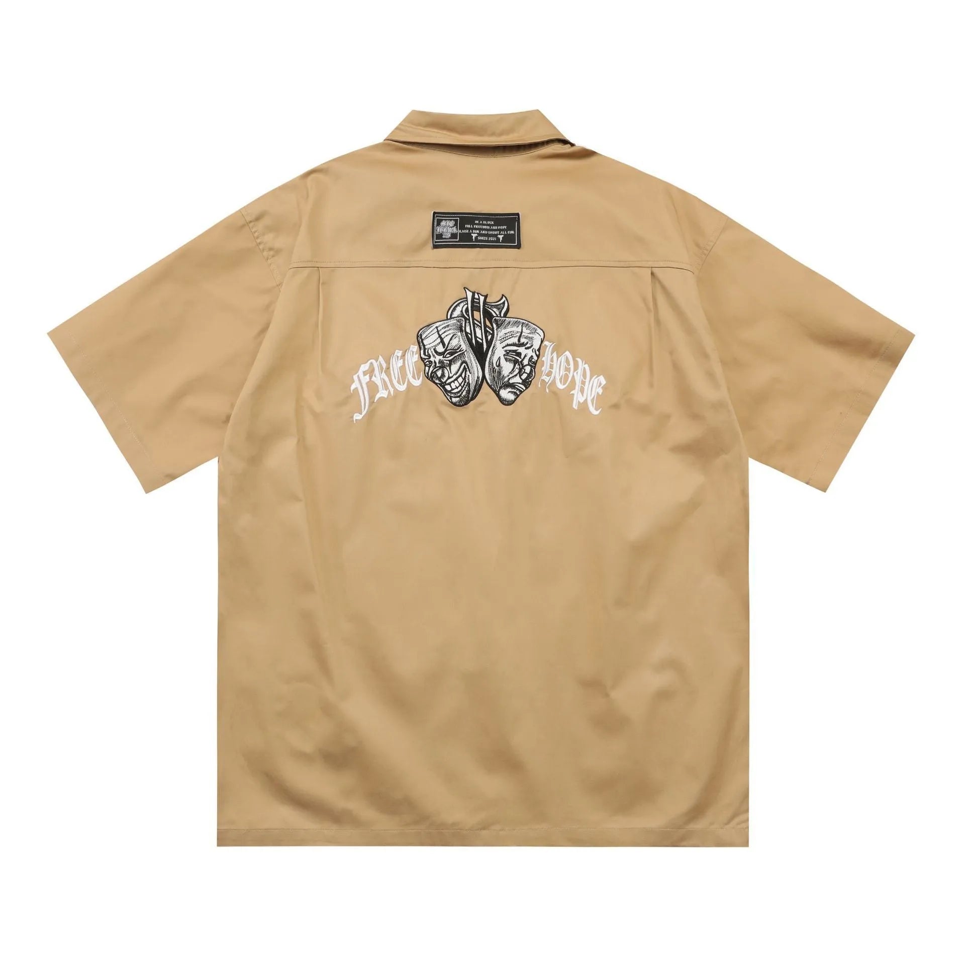 Men's black cotton blend shirt with embroidery detail on front, loose fit with short sleeves
