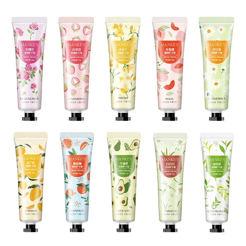 30g tube of scented hand cream for dry skin, shown with choice of avocado, chamomile, and rose fragrances.