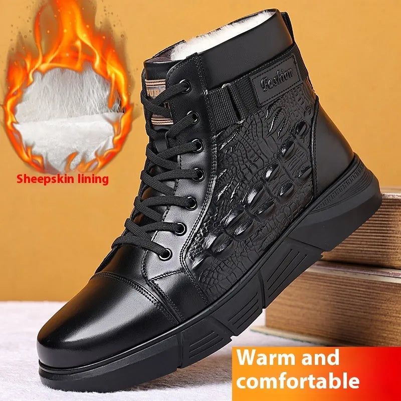Genuine leather round toe snow boots with fur lining and lace-up front in black velvet style