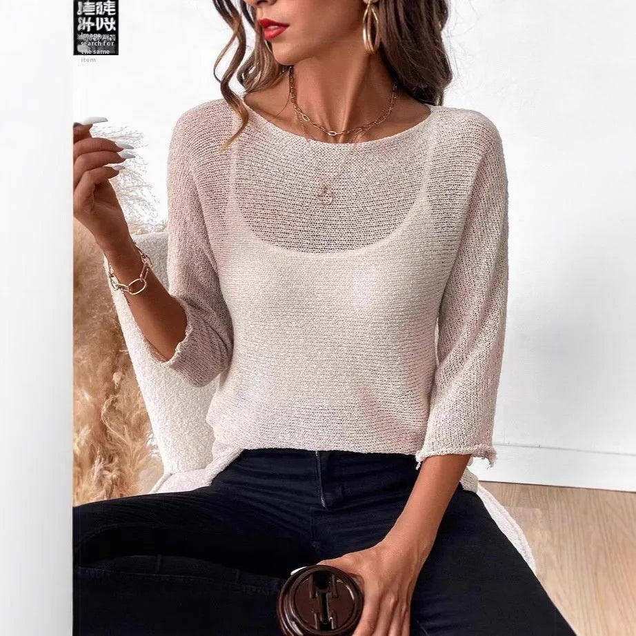 Women's knitted off-shoulder top in thin polyester fabric with 3/4 sleeves and 3D pattern