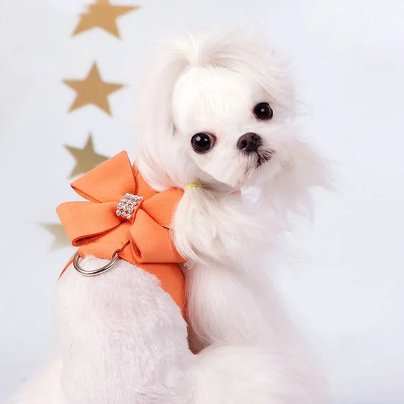Dog chest strap with bowknot detail in microfiber available in pink, blue, and orange colours