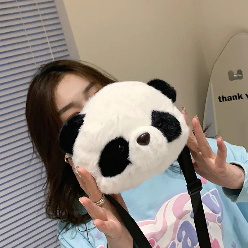 Soft plush panda head crossbody shoulder bag with cylindrical shape and sandwich pockets