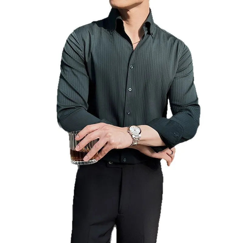 Men's black striped V-neck long sleeve shirt in regular fit cardigan style