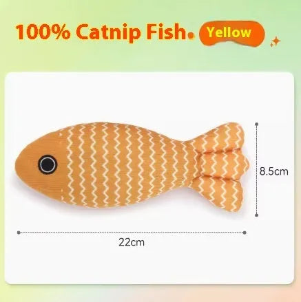 Catnip-filled fabric fish cat toy in blue, red, and yellow colour options