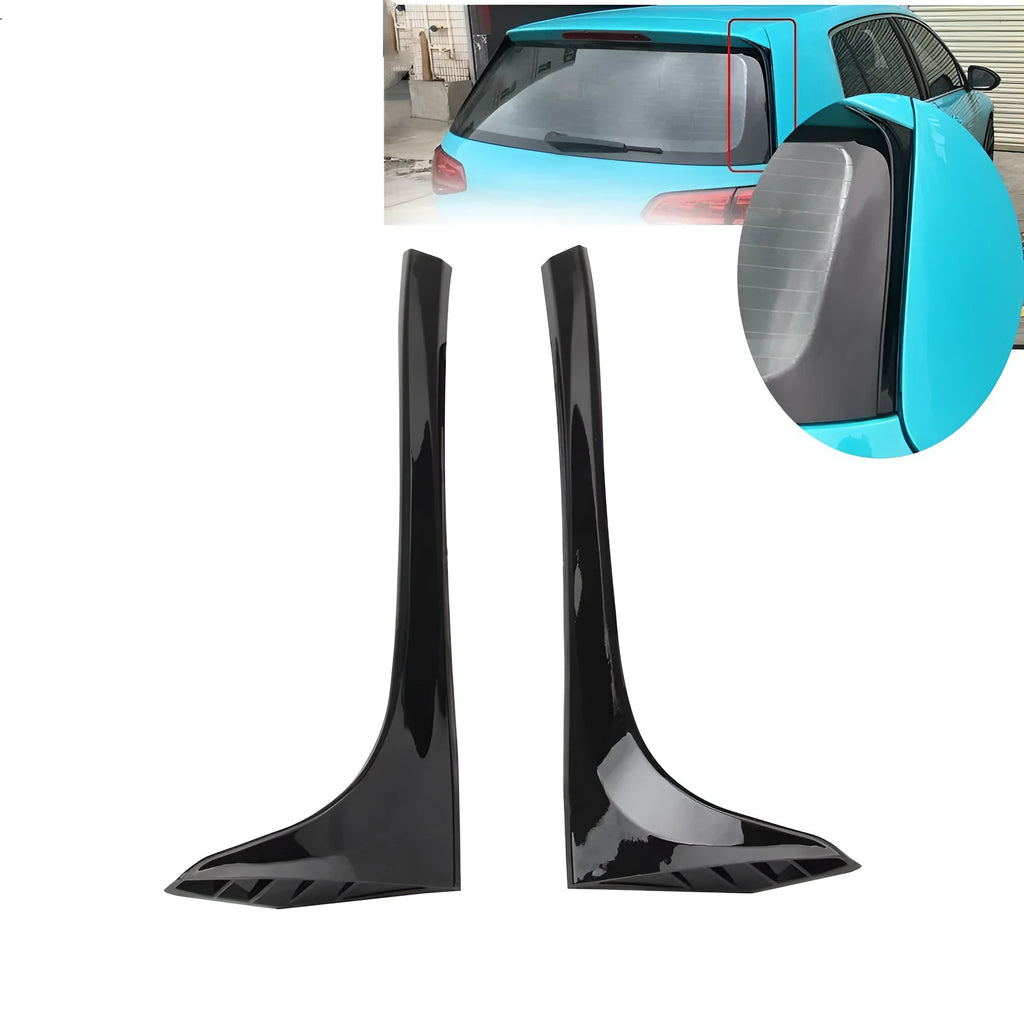 Black ABS rear window spoiler wing for Volkswagen Golf 7 MK7, shown alongside mounting tape.