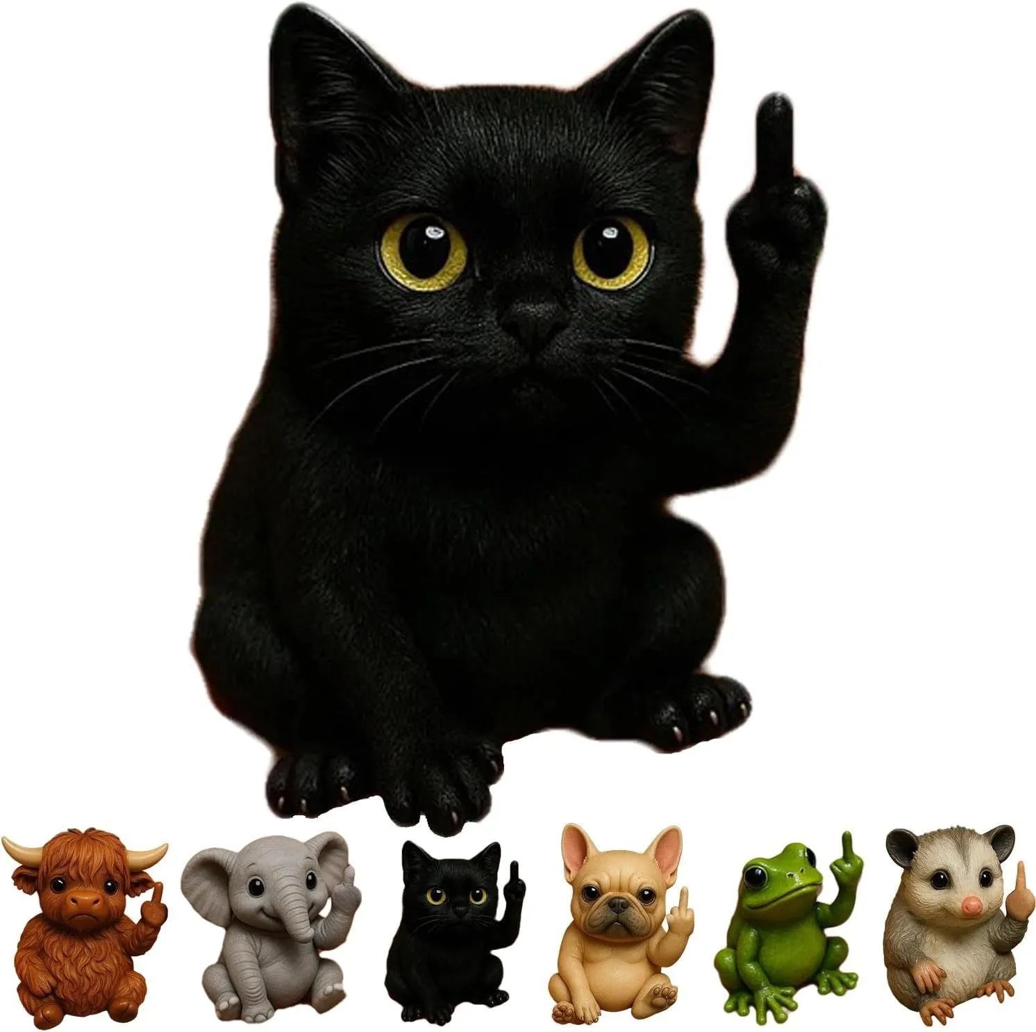 Resin animal vertical middle finger doll ornament in cat, dog, elephant, frog, Highland cattle, mouse, and turtle styles.