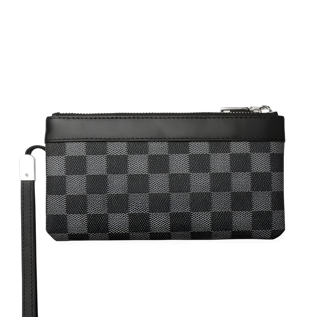 Black genuine leather men's clutch wallet showing cowhide texture and 20x10cm dimensions