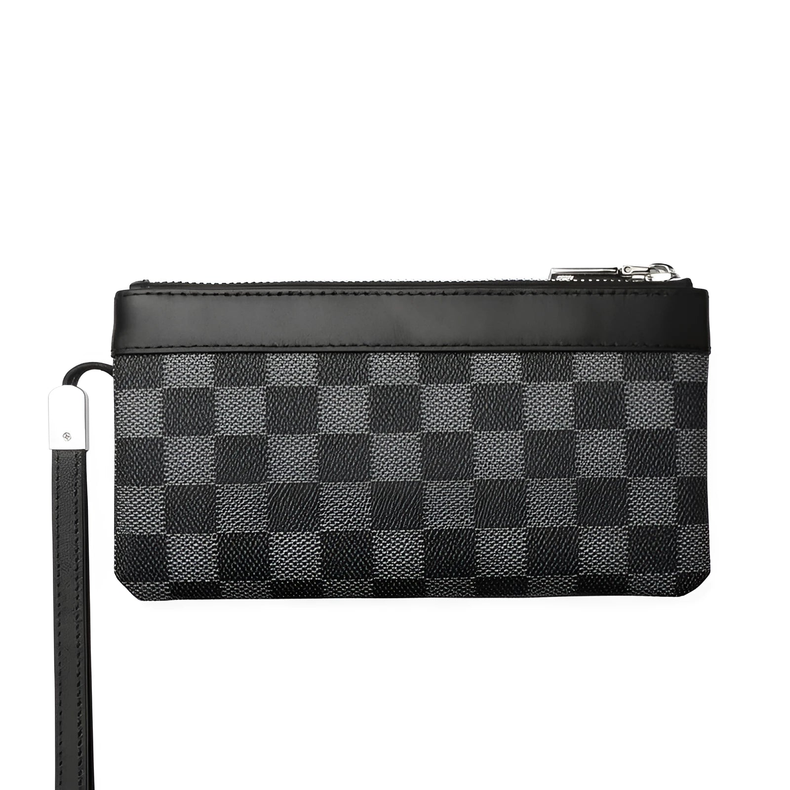Black genuine leather men's clutch wallet showing cowhide texture and 20x10cm dimensions