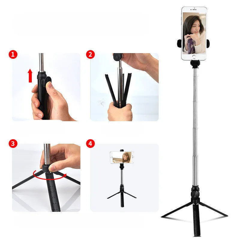 Bluetooth remote control mobile phone tripod stand extended with phone attached