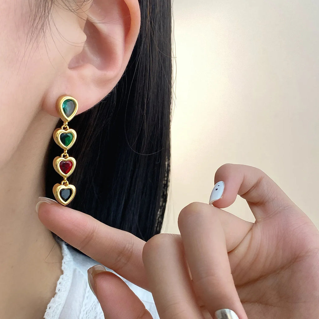 Heart pendant tassel ear clips in copper with inlaid zircon and European American style for women