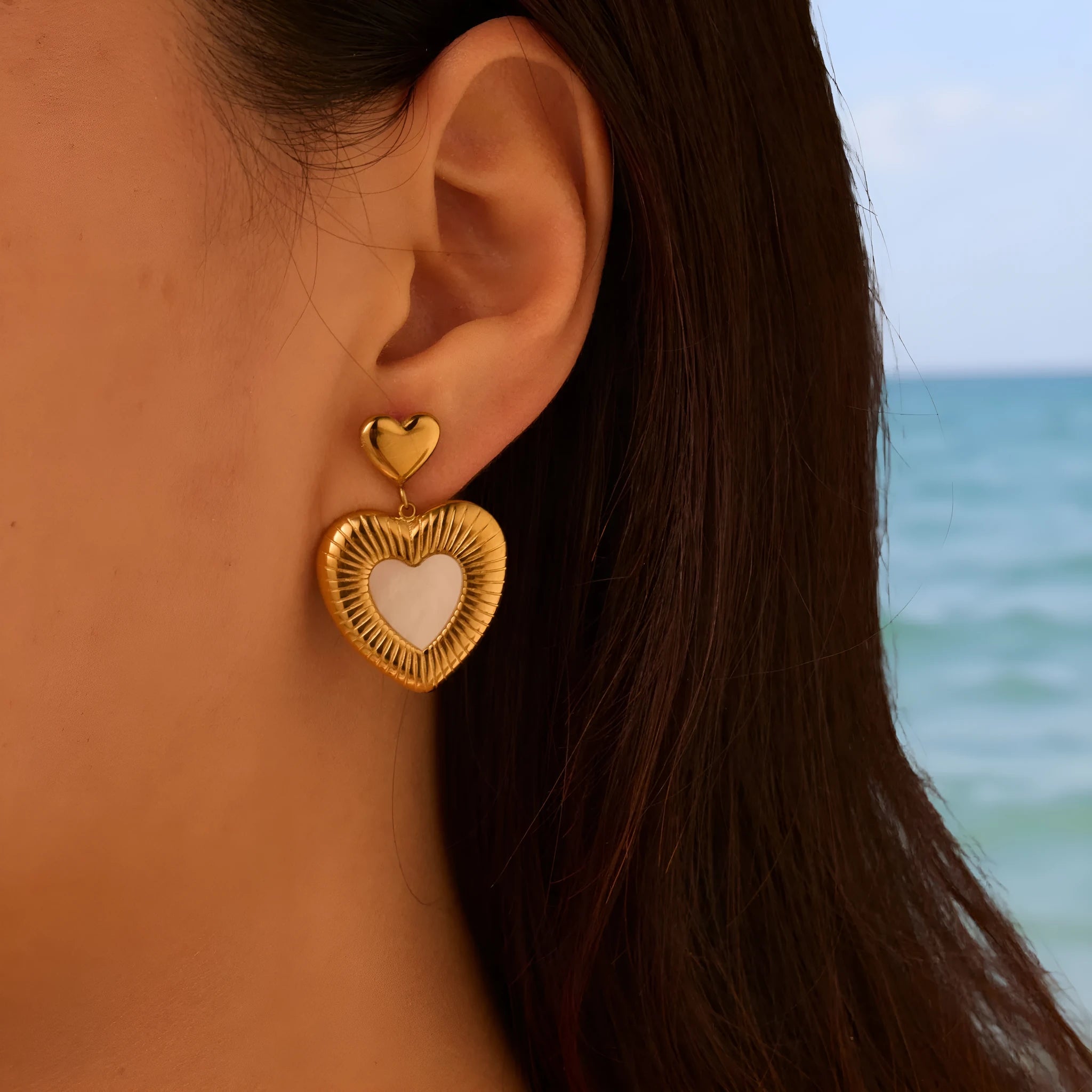 Stainless steel heart shape earrings with fritillary pattern and gold electroplating