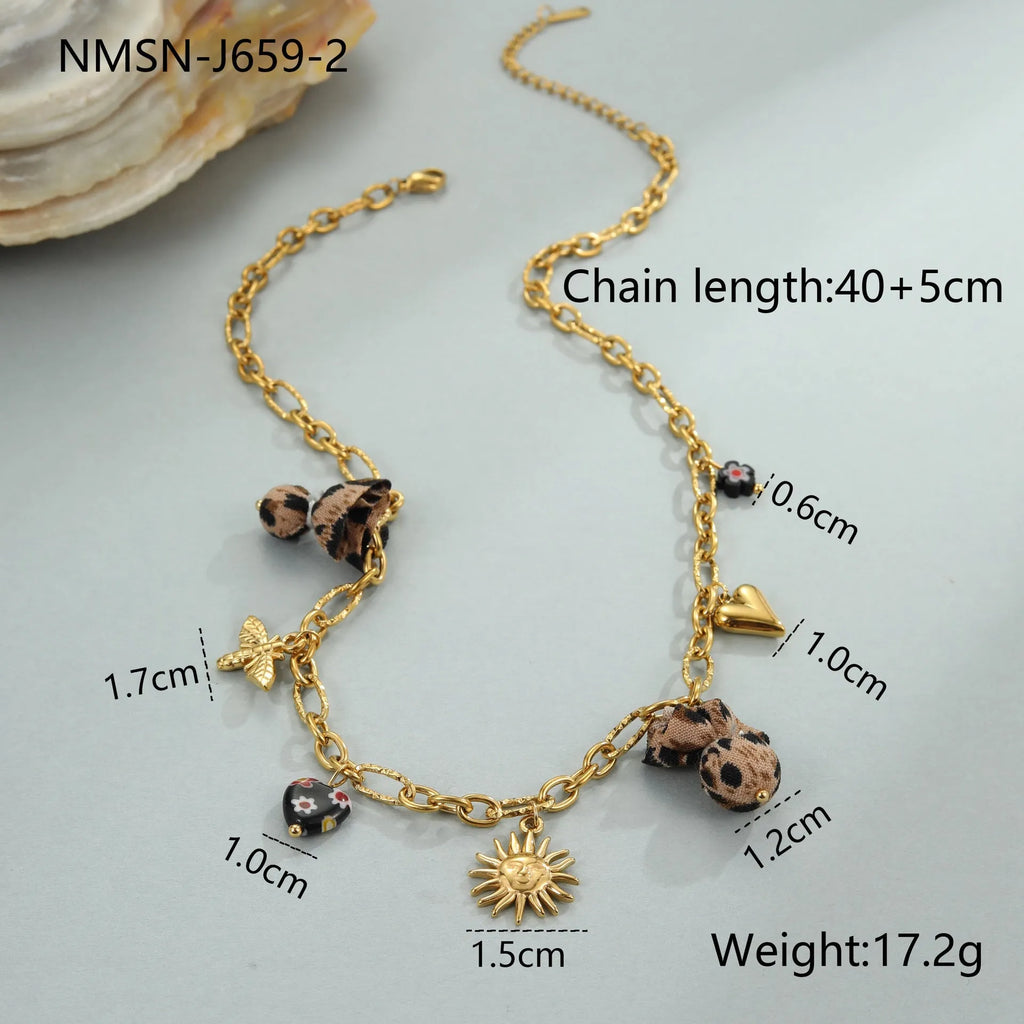 Stainless steel necklace with leopard heart and flower pendant, 18K gold plated, adjustable 41-50cm chain for women.