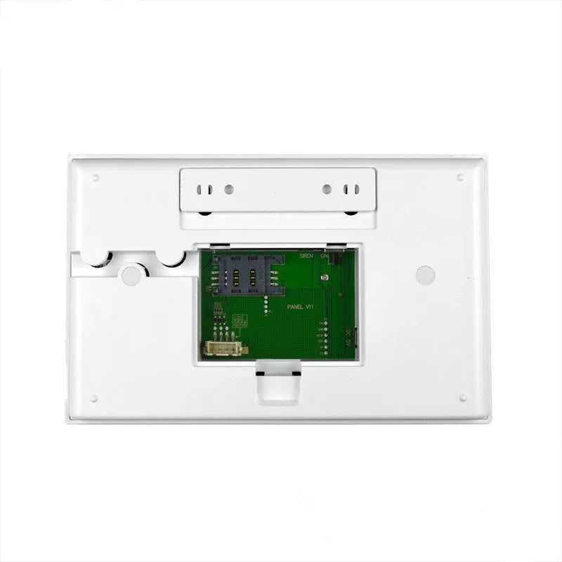 Intelligent WiFi GSM touch button household burglar alarm host unit on a table.