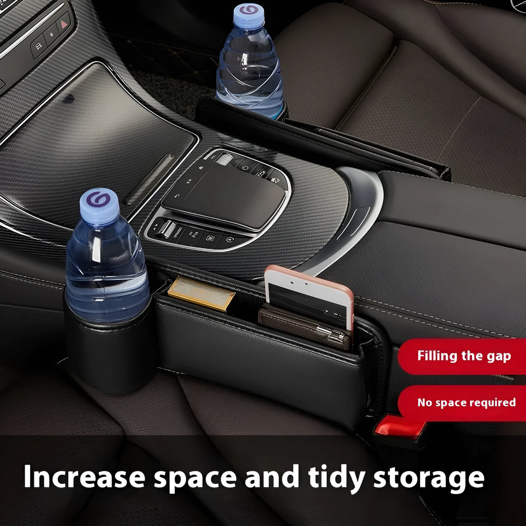 Car seat gap storage box with water cup holder in black leather beside driver seat