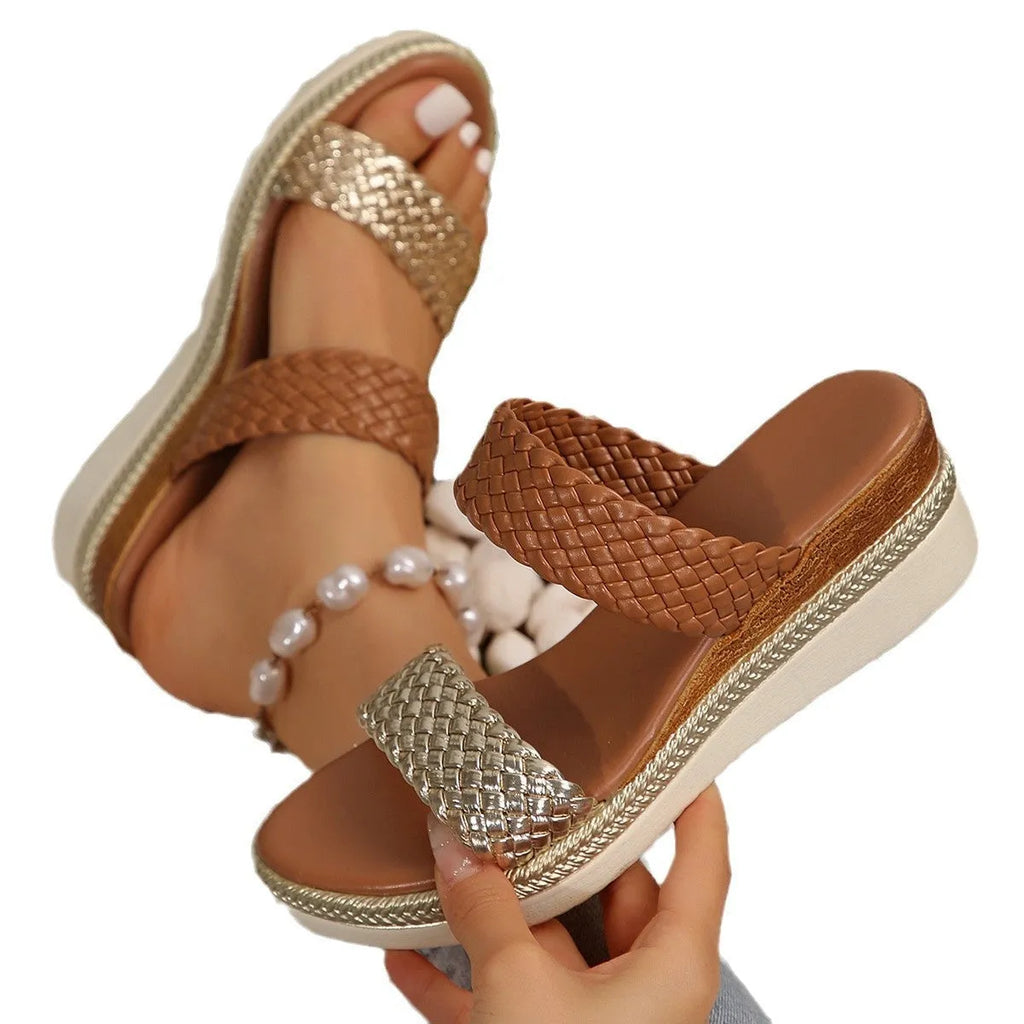 Women's plus size wedge sandals in gold or silver with PU upper and rubber sole