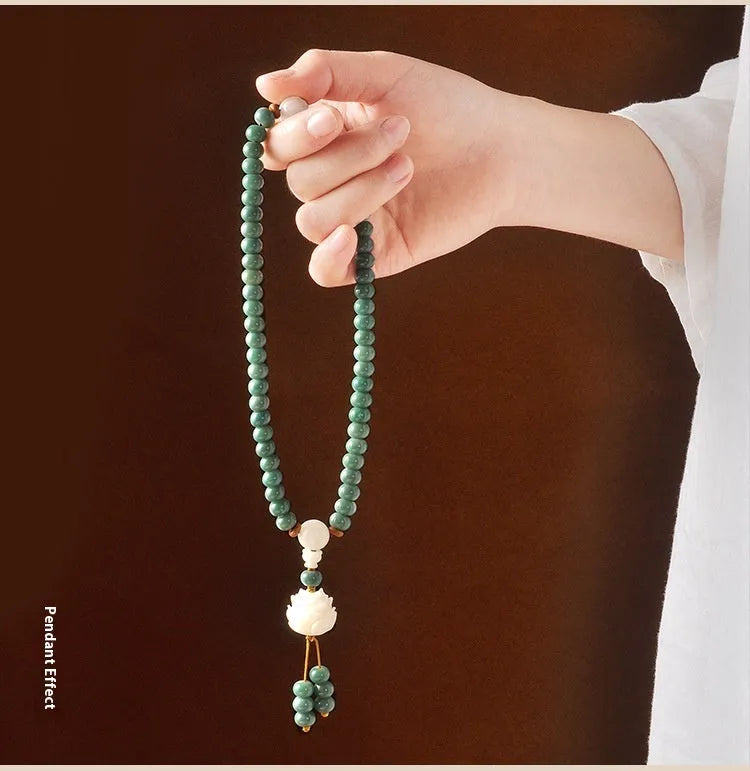 White jade and green sandalwood Bodhi seed bracelet with double ring safety buckle