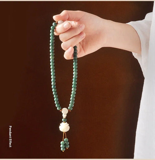 White jade and green sandalwood Bodhi seed bracelet with double ring safety buckle