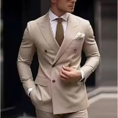 Men's gray Korean slim fit two-piece suit jacket and trousers on a hanger