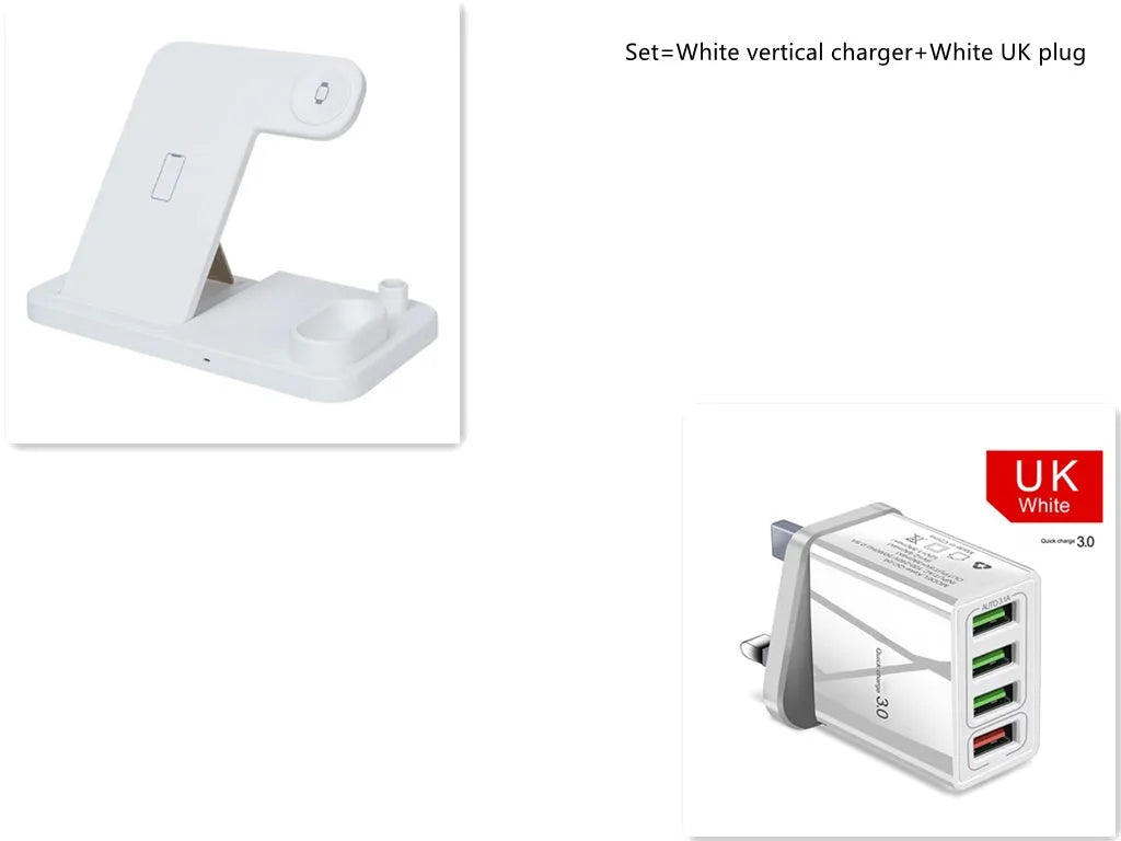 4-in-1 wireless charging station with adjustable phone stand charging multiple devices