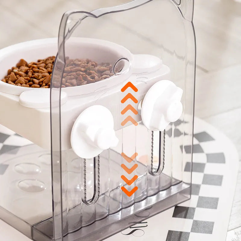 Grey cat feeding bowl with cat ear anti-spill design and removable hanging cage