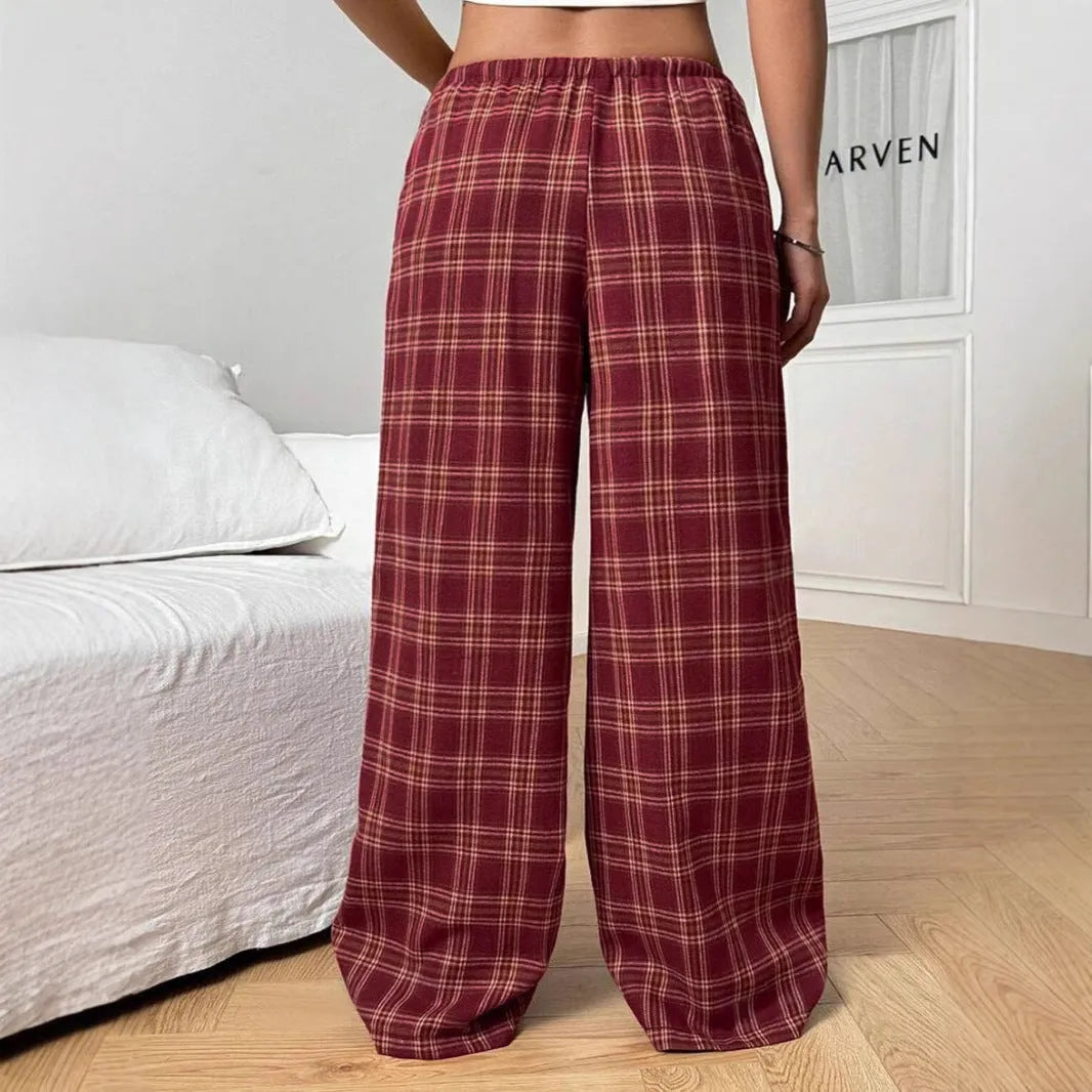 Women's loose fit plaid trousers with elastic drawstring waist and side patch pockets
