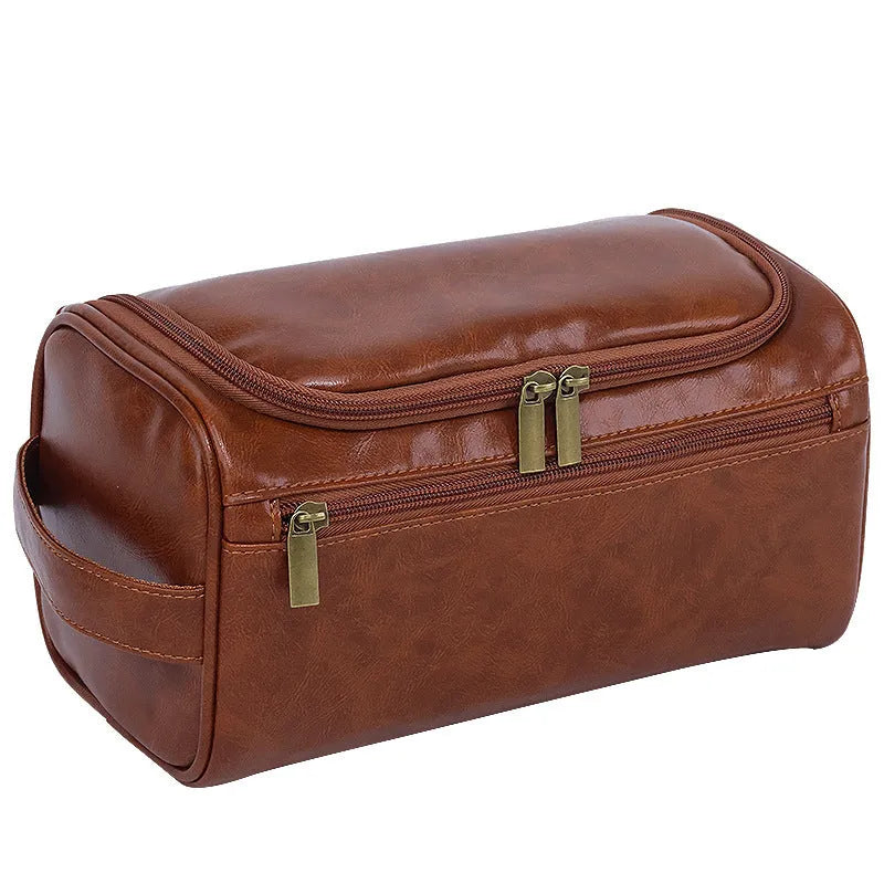 Waterproof cosmetic storage bag in brown PU leather with large capacity interior
