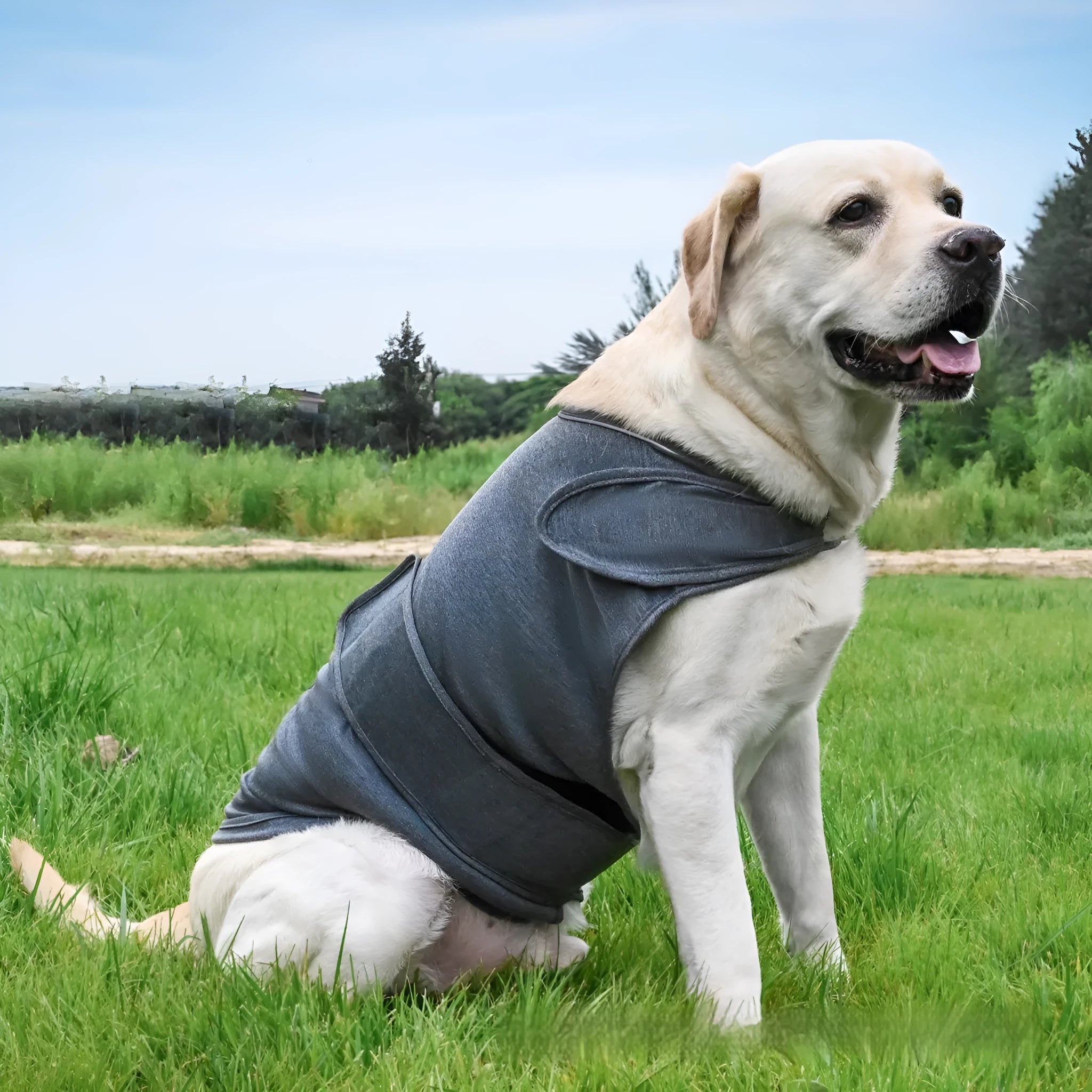 Brown brocade cotton dog tank top for anxiety relief shown on a pet