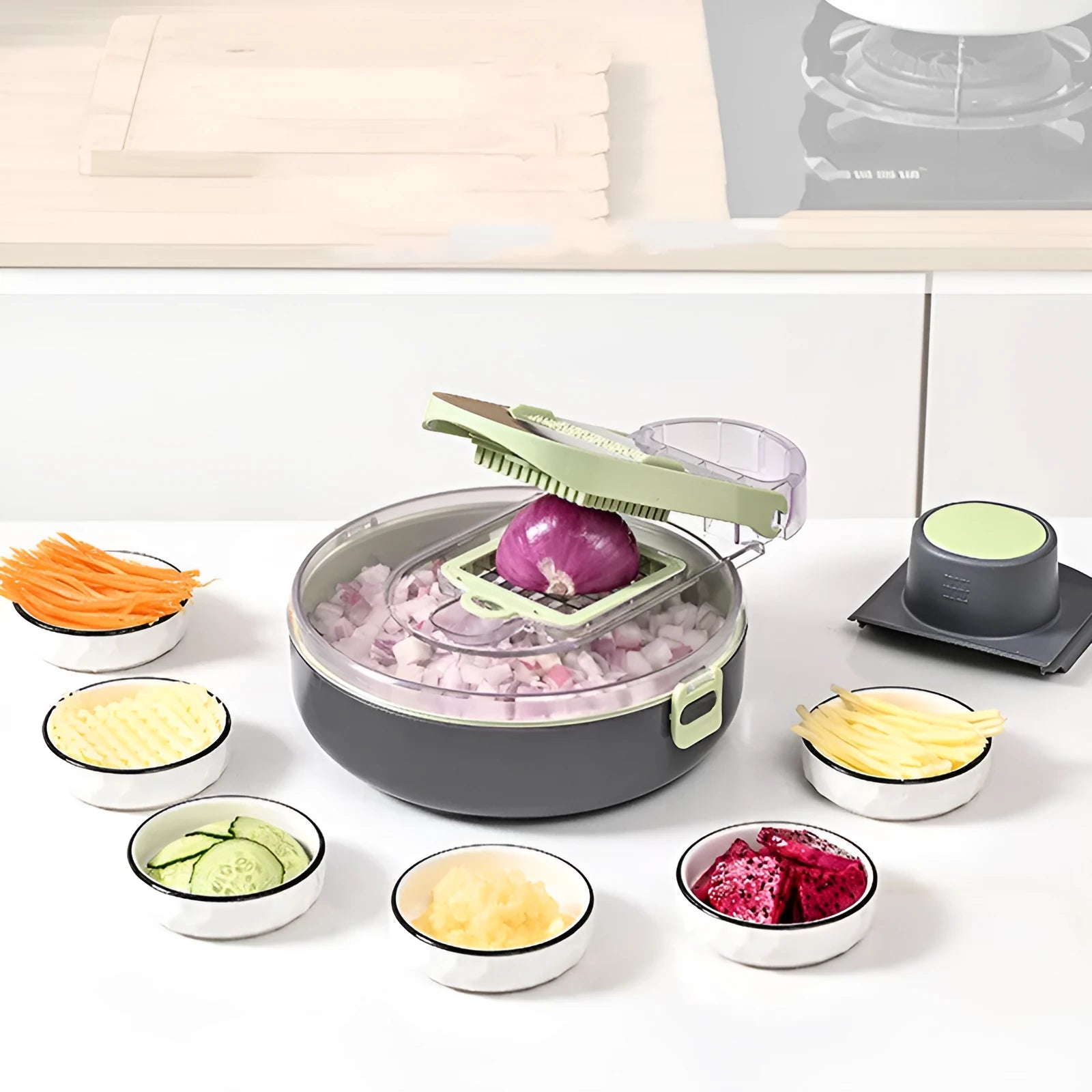Grey and white multifunctional vegetable cutter set with stainless steel blades, eight knives, and storage accessories
