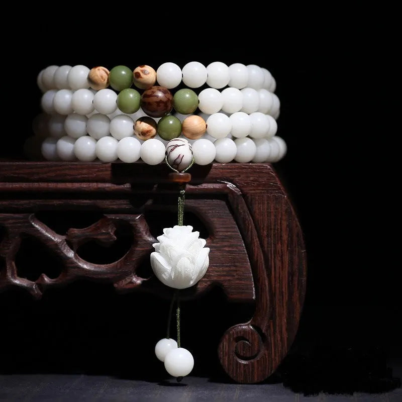 White Jade Bodhi Beads Long Bracelet with 6x8mm beads in multiple style options.