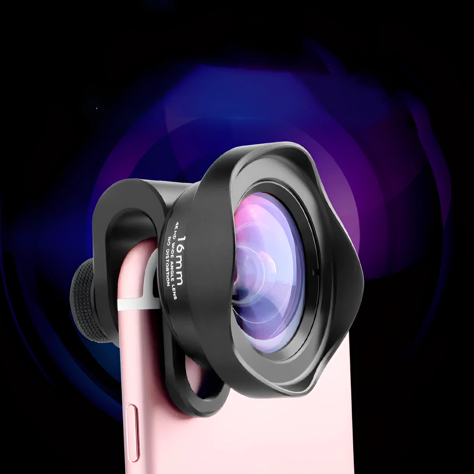 16mm wide angle external SLR lens with aluminium U-clamp on smartphone, 0.5x magnification