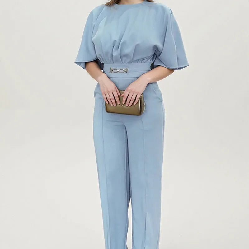 Blue polyester formal suit set with long-sleeve jacket and matching trousers in European American style