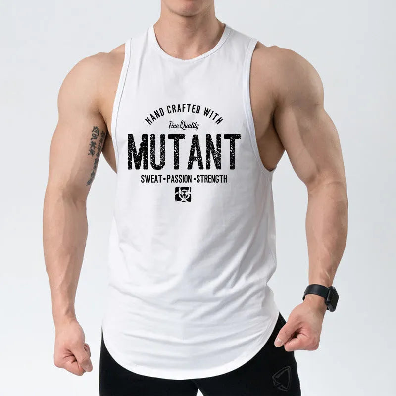 Man wearing a loose grey sleeveless polyester fitness vest for gym workouts.