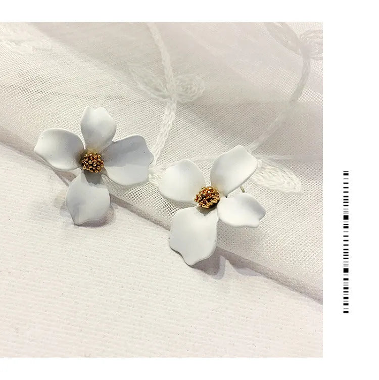 Flower stud earrings for women in alloy with white and pink electroplated colour options