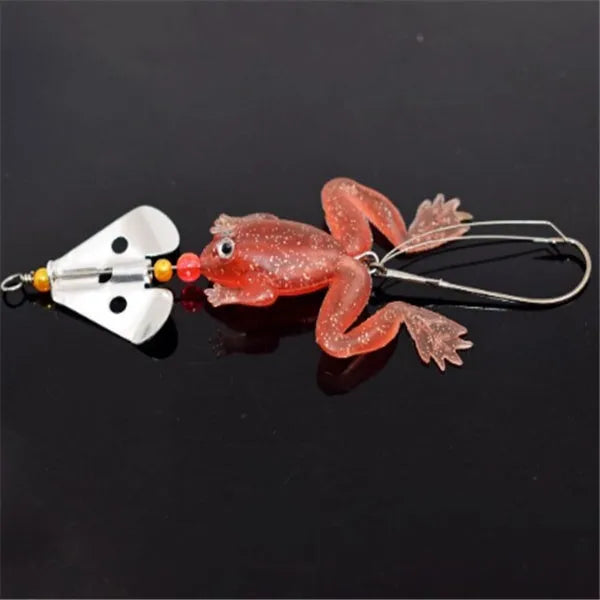 Frog-shaped fishing lure with revolving sequins and anti hanging bottom hook, 6.2g, on a white background