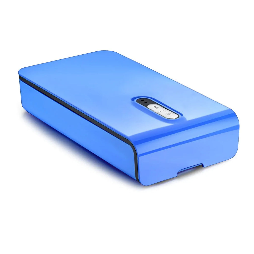Blue UV phone steriliser box with touch control and open lid showing disinfection chamber.