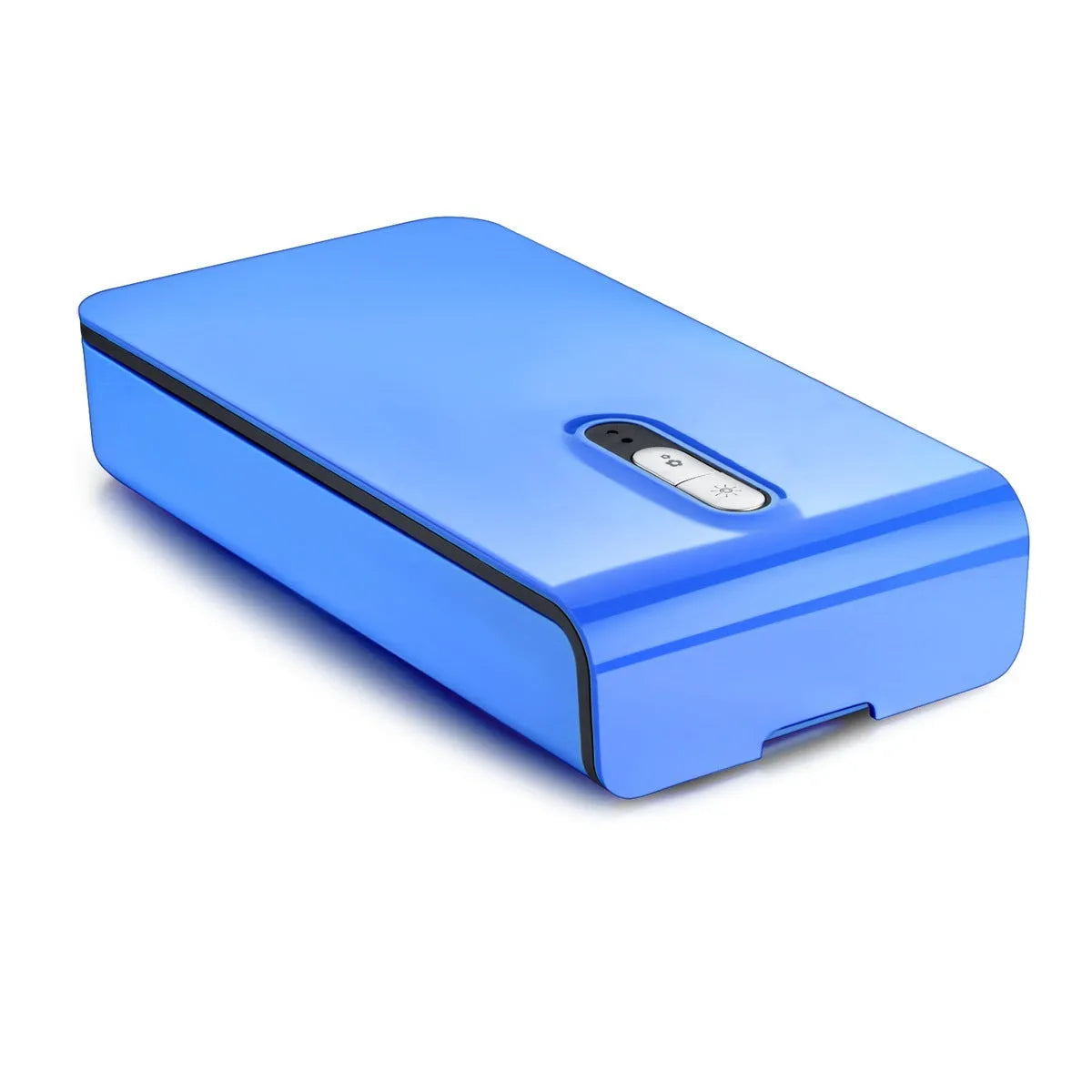 Blue UV phone steriliser box with touch control and open lid showing disinfection chamber.