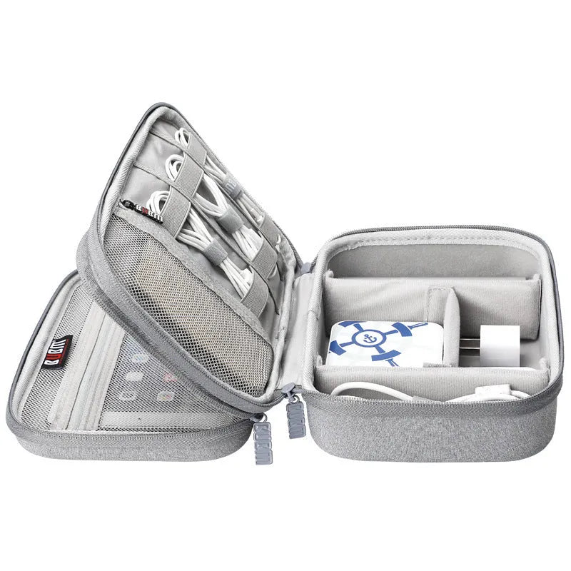 Black and grey EVA digital storage bag organiser for headphones and cables with hand bag shape