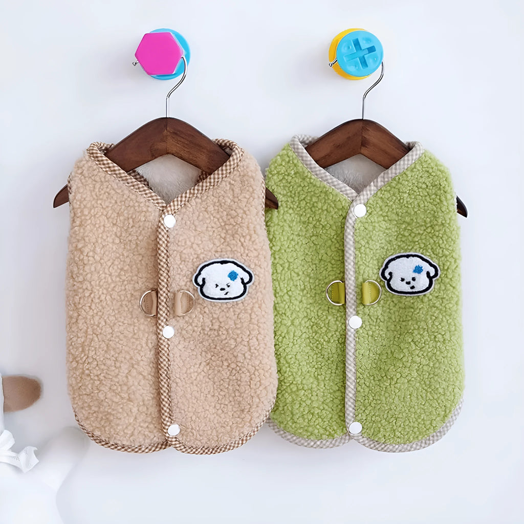 Green coral fleece dog sweatshirt vest with leash ring on small dog