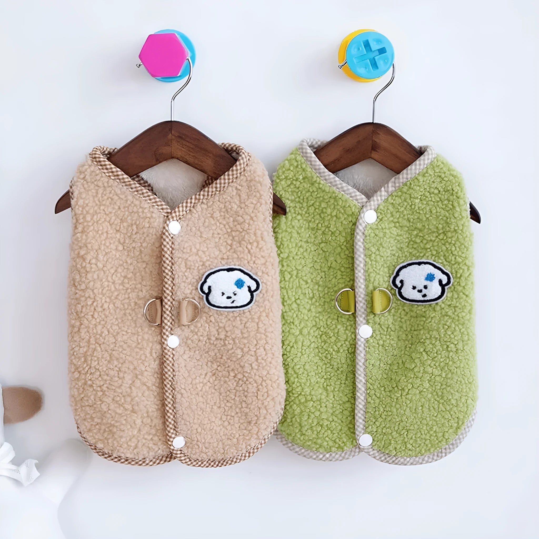 Green coral fleece dog sweatshirt vest with leash ring on small dog