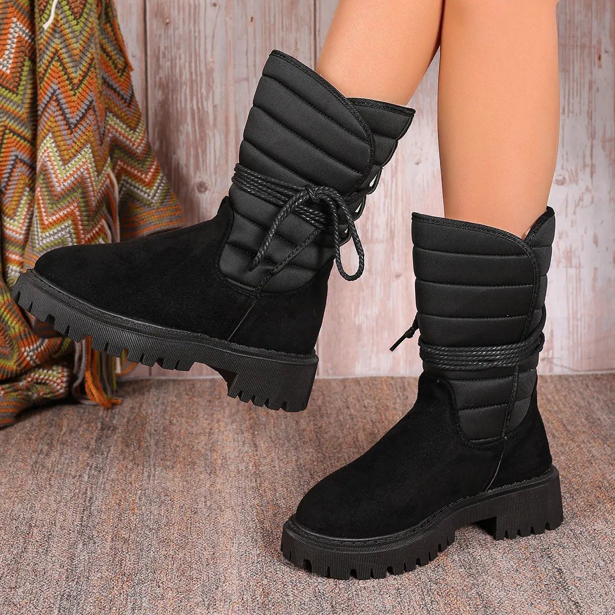 Women's black chunky heel snow boots with lace-up design and fleece lining