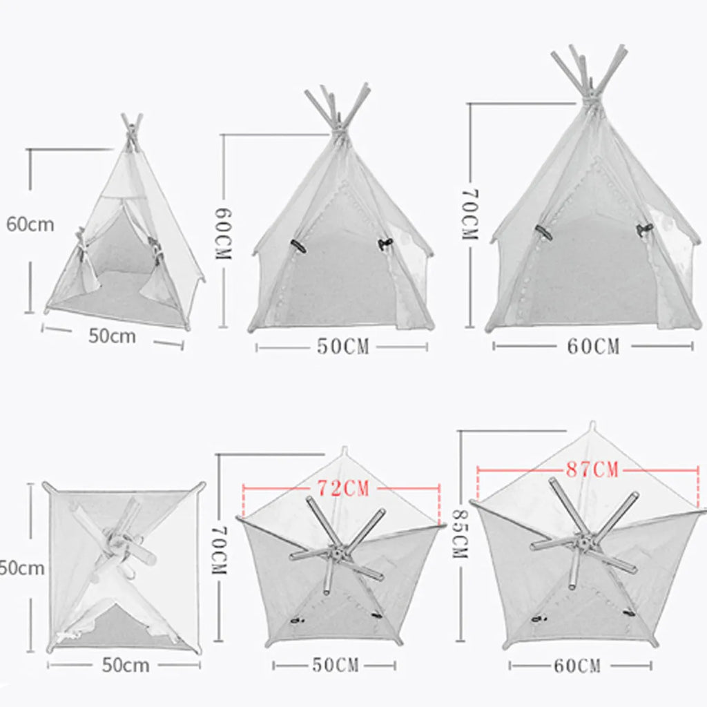 Portable pet teepee tent with cushion for small dogs cats rabbits in linen material