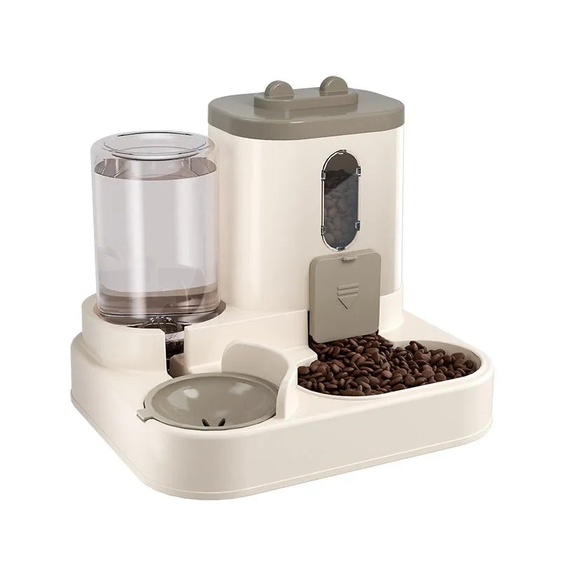 Automatic pet feeder with water dispenser in grey, second generation slide cover, plastic construction for dogs and cats